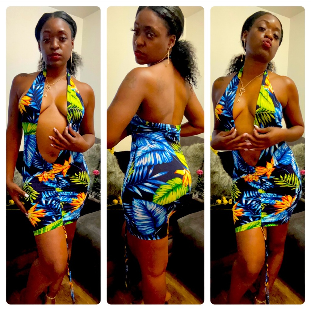 Tropical blue floral print dress